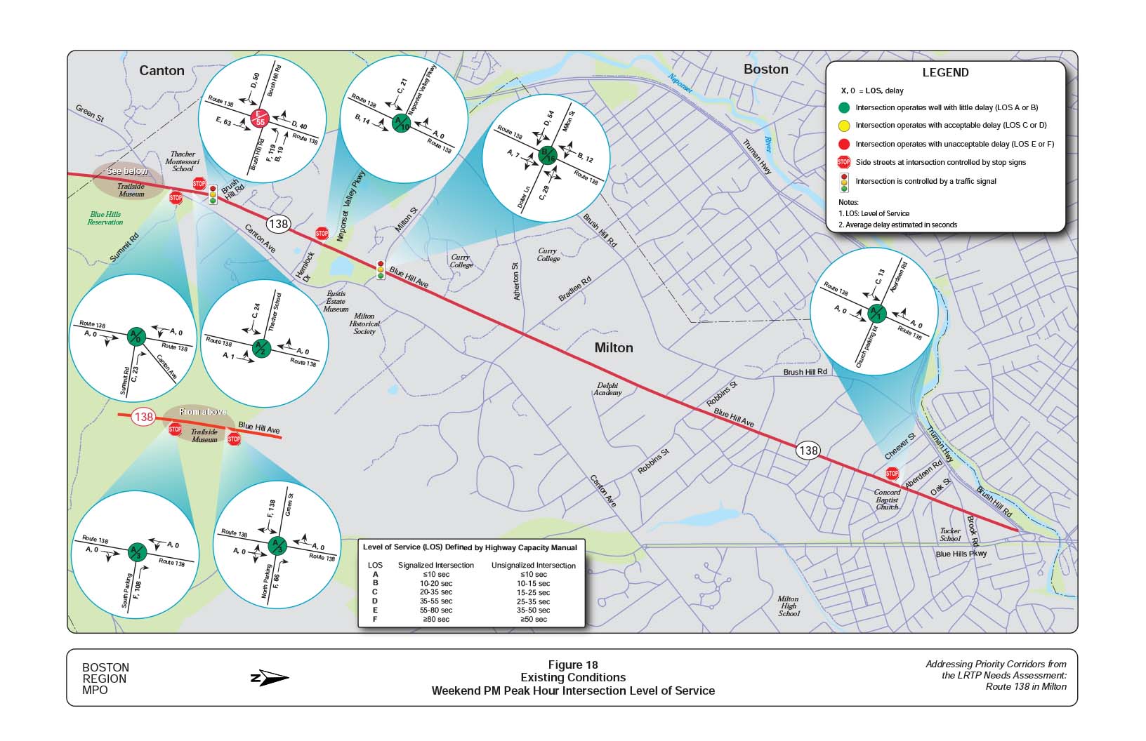 Figure 18 is a map of the study area with diagrams showing existing LOS provided by intersections on Route 138 during the weekend PM peak period.